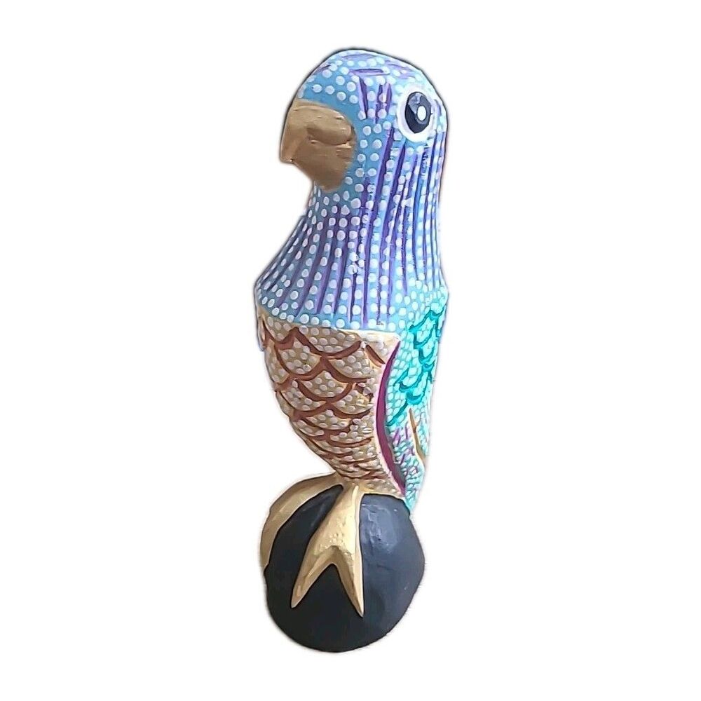 Vintage * Signed*Carved Hand Painted Folk Art Parrot 9” Plaster,wood